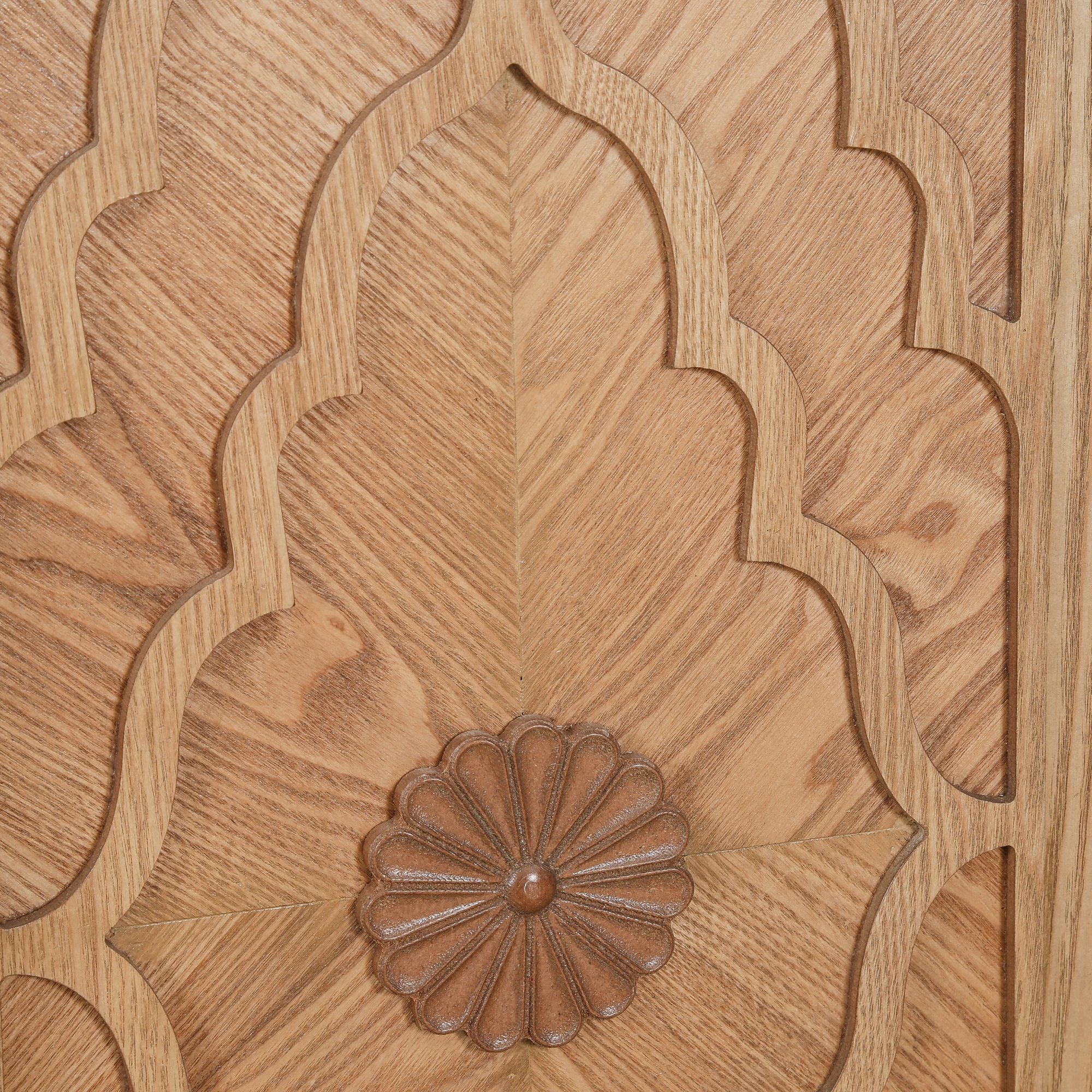 Carved Flower Door Large Storage Cabinet – Natural Wood for Living Room, Kitchen, Entryway