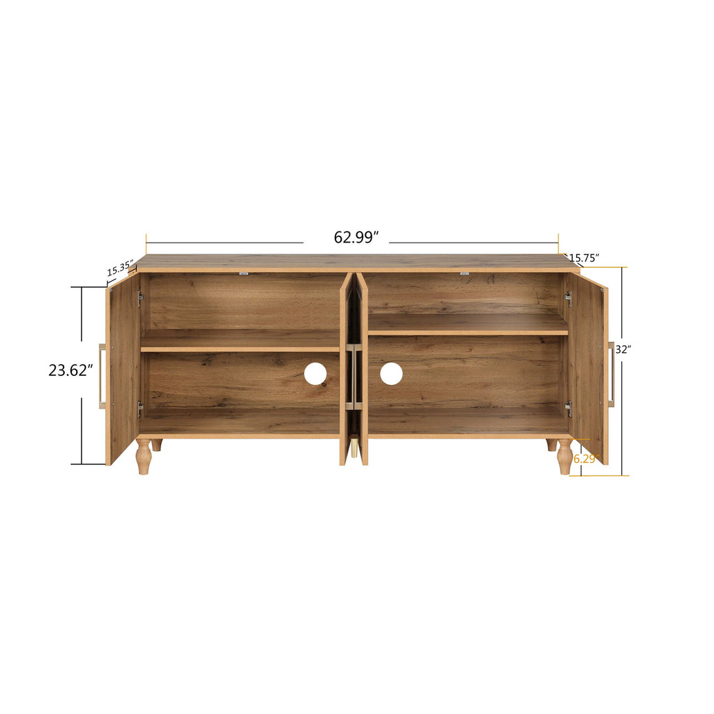 Carved Flower Door Large Storage Cabinet – Natural Wood for Living Room, Kitchen, Entryway