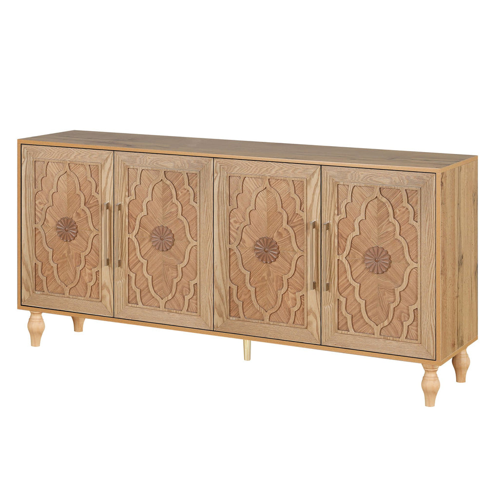 Carved Flower Door Large Storage Cabinet – Natural Wood for Living Room, Kitchen, Entryway
