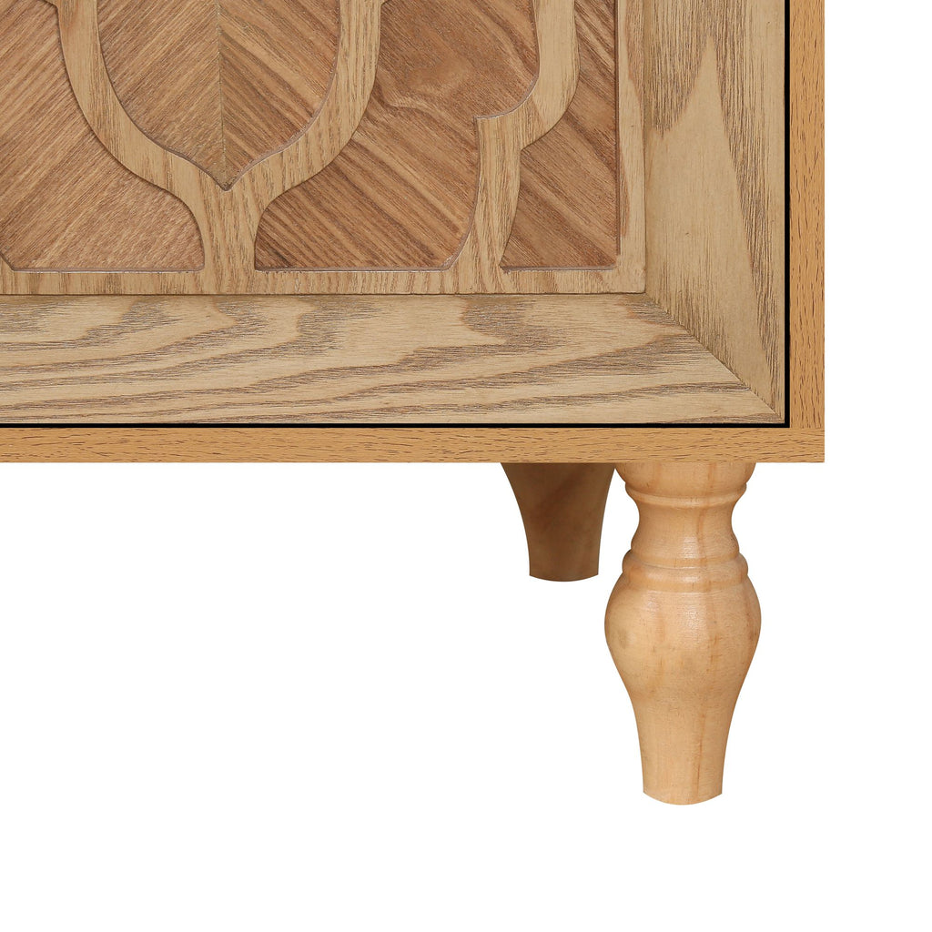 Carved Flower Door Large Storage Cabinet – Natural Wood for Living Room, Kitchen, Entryway