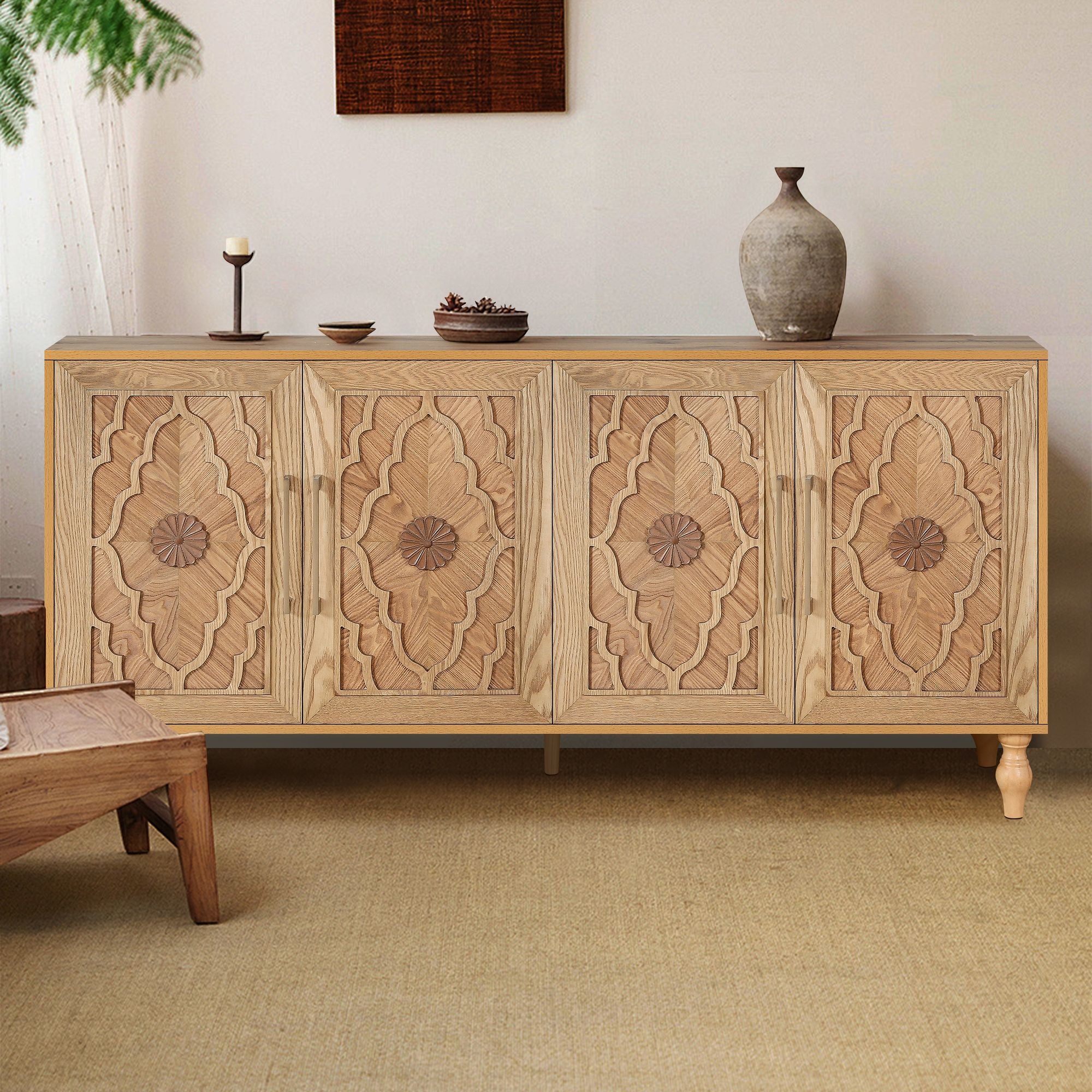 Carved Flower Door Large Storage Cabinet – Natural Wood for Living Room, Kitchen, Entryway