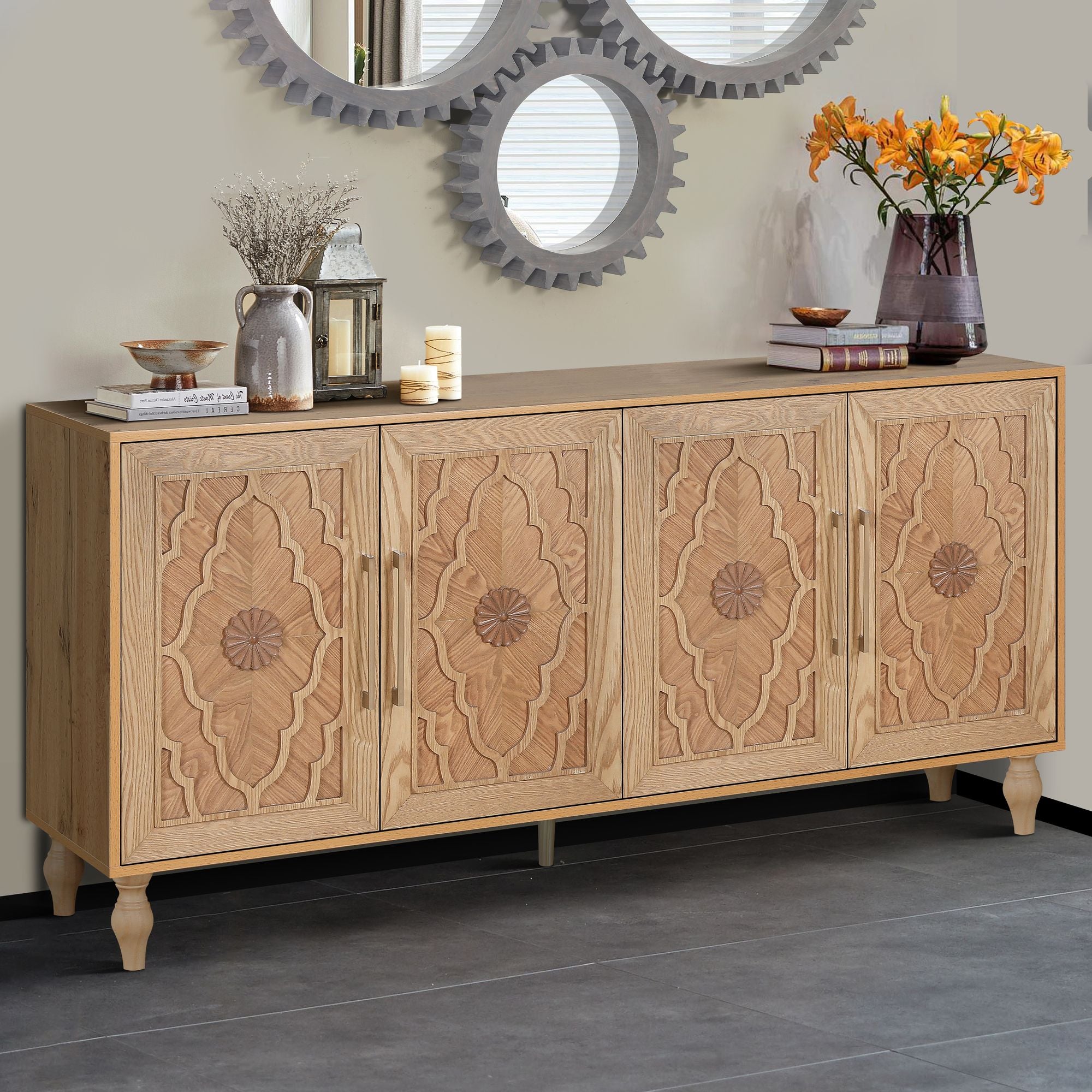 Carved Flower Door Large Storage Cabinet – Natural Wood for Living Room, Kitchen, Entryway