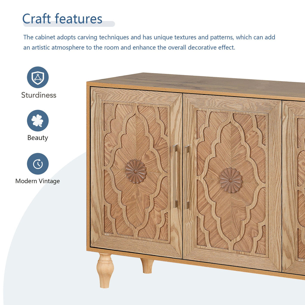 Carved Flower Door Large Storage Cabinet – Natural Wood for Living Room, Kitchen, Entryway