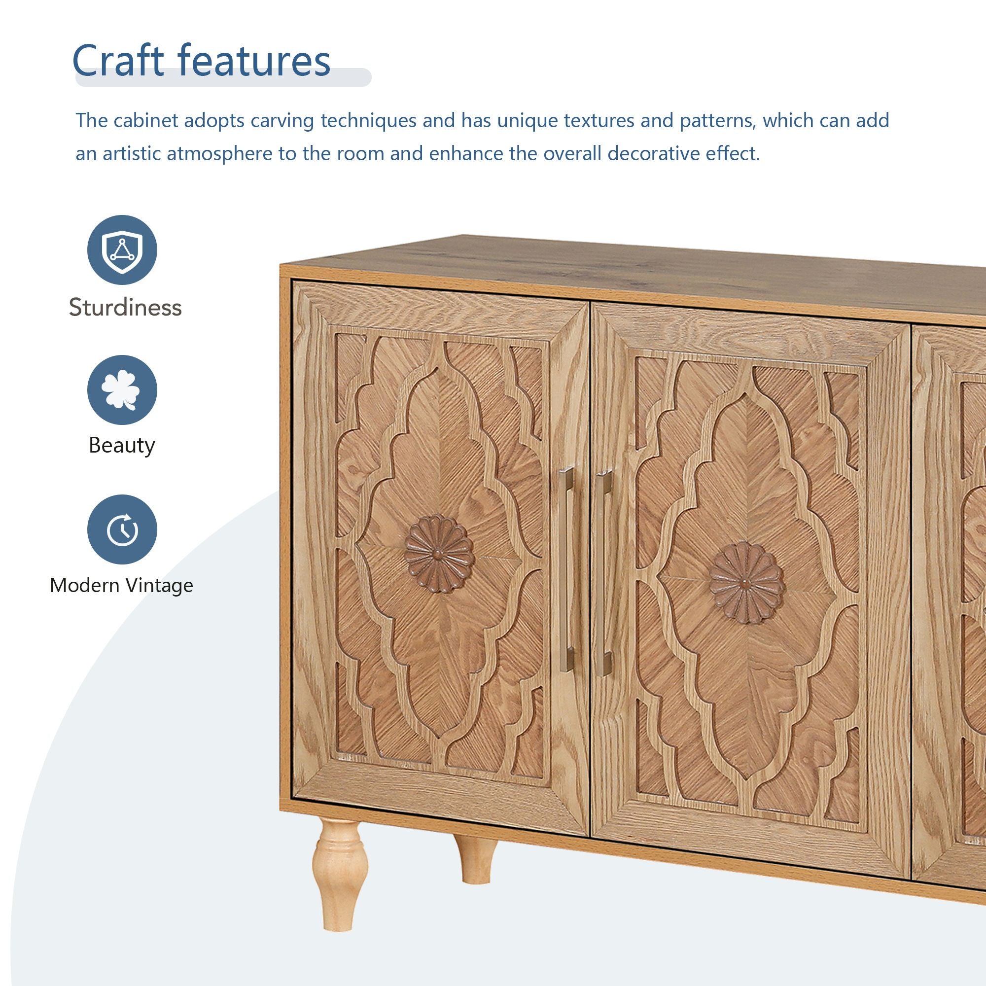 Carved Flower Door Large Storage Cabinet – Natural Wood for Living Room, Kitchen, Entryway