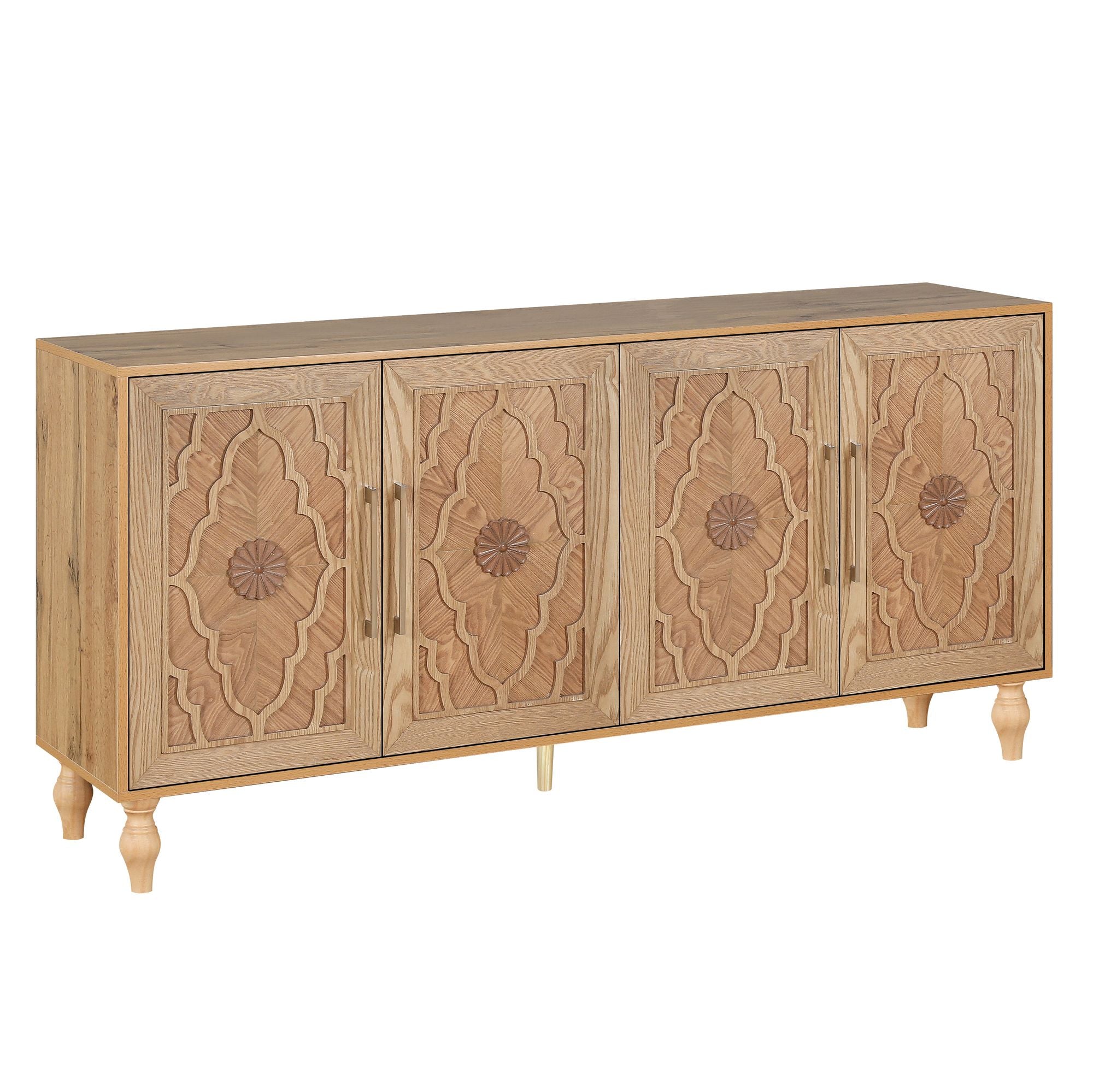 Carved Flower Door Large Storage Cabinet – Natural Wood for Living Room, Kitchen, Entryway
