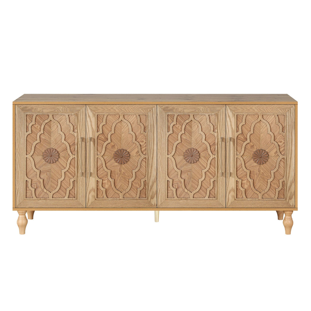 Carved Flower Door Large Storage Cabinet – Natural Wood for Living Room, Kitchen, Entryway