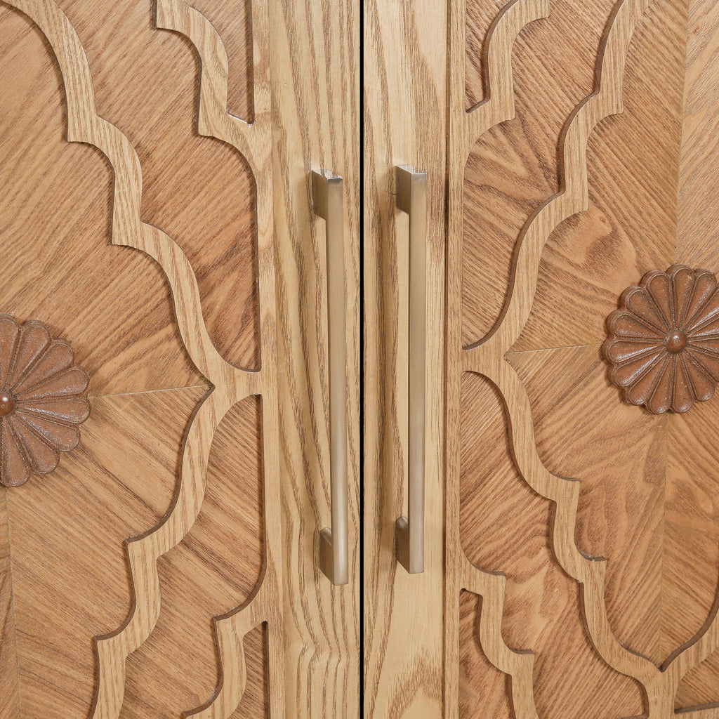 Carved Flower Door Large Storage Cabinet – Natural Wood for Living Room, Kitchen, Entryway