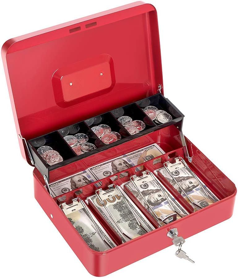 Large Metal Cash Box with Money Tray and Key Lock