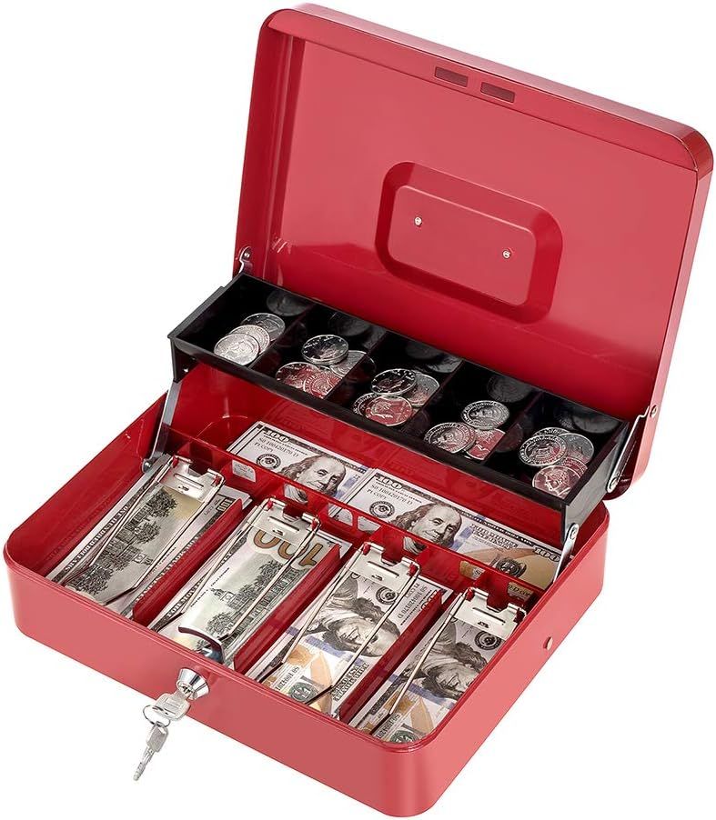 Large Metal Cash Box with Money Tray and Key Lock