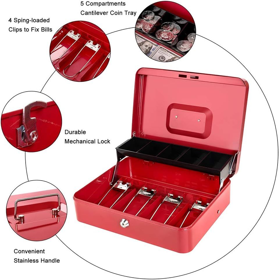 Large Metal Cash Box with Money Tray and Key Lock