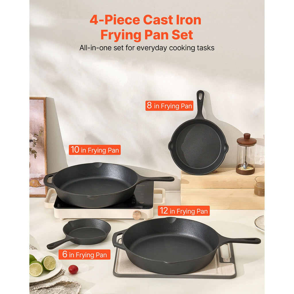 Premium Cast Iron Skillet Set – 4-Piece Frying Pans with Silicone Handles