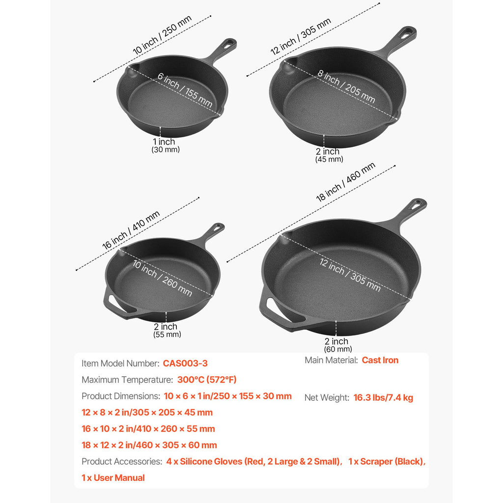 Premium Cast Iron Skillet Set – 4-Piece Frying Pans with Silicone Handles