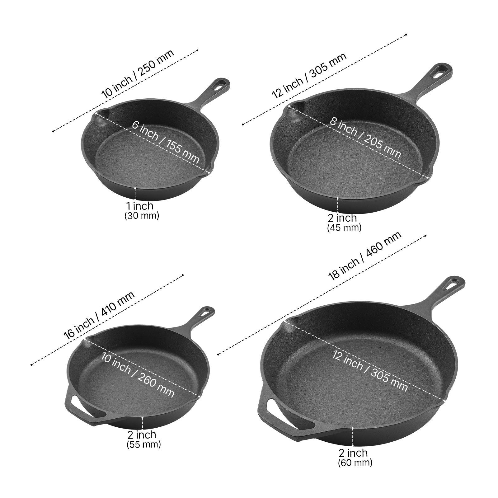 Premium Cast Iron Skillet Set – 4-Piece Frying Pans with Silicone Handles