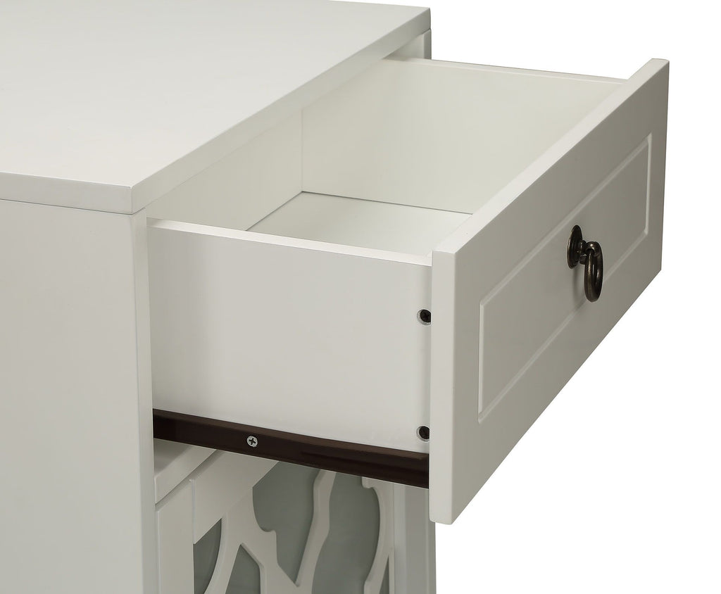 Ceara White Finish Accent Table with Drawer and Glass Door