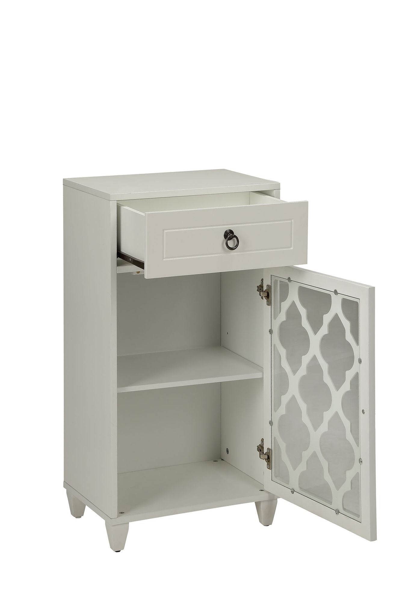 Ceara White Finish Accent Table with Drawer and Glass Door