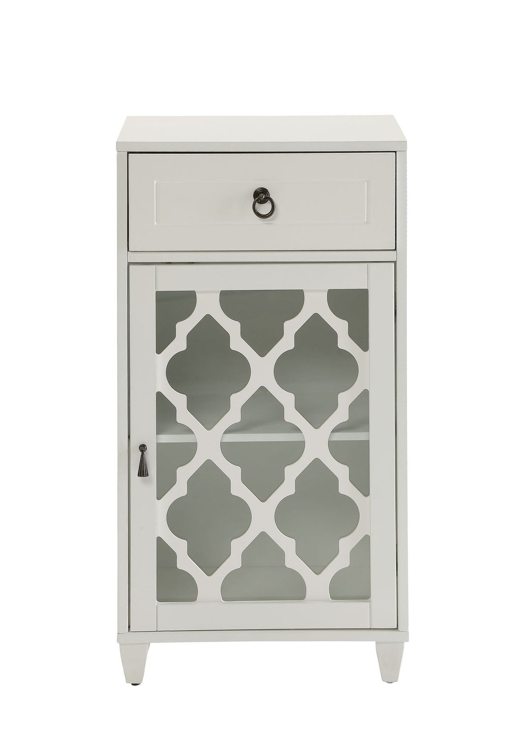 Ceara White Finish Accent Table with Drawer and Glass Door