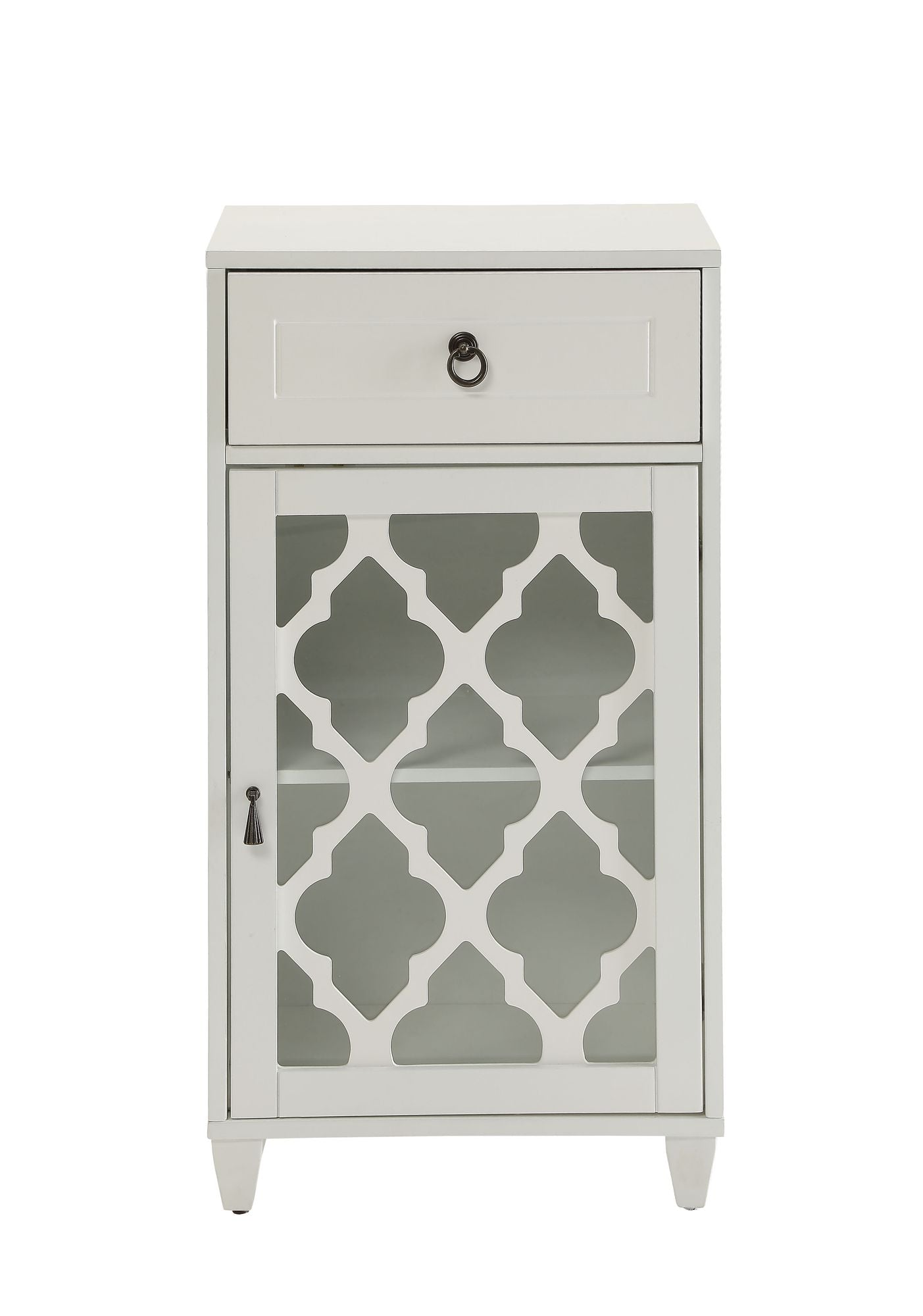 Ceara White Finish Accent Table with Drawer and Glass Door