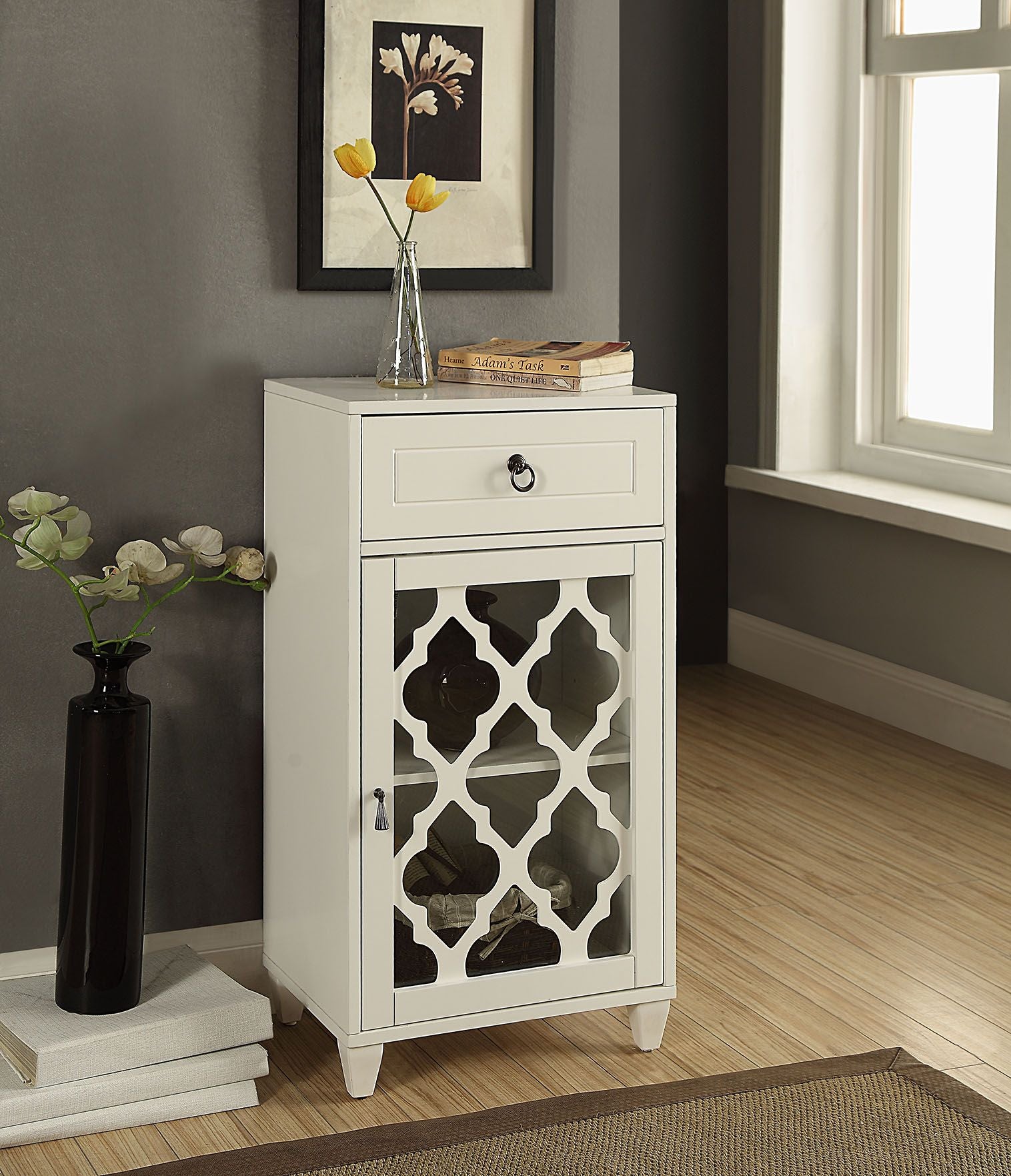 Ceara White Finish Accent Table with Drawer and Glass Door