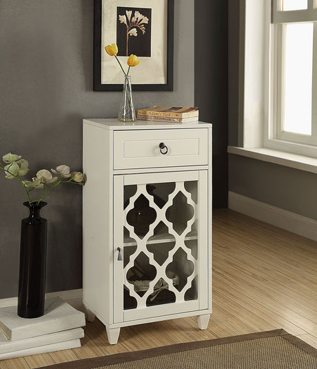 Ceara White Finish Accent Table with Drawer and Glass Door