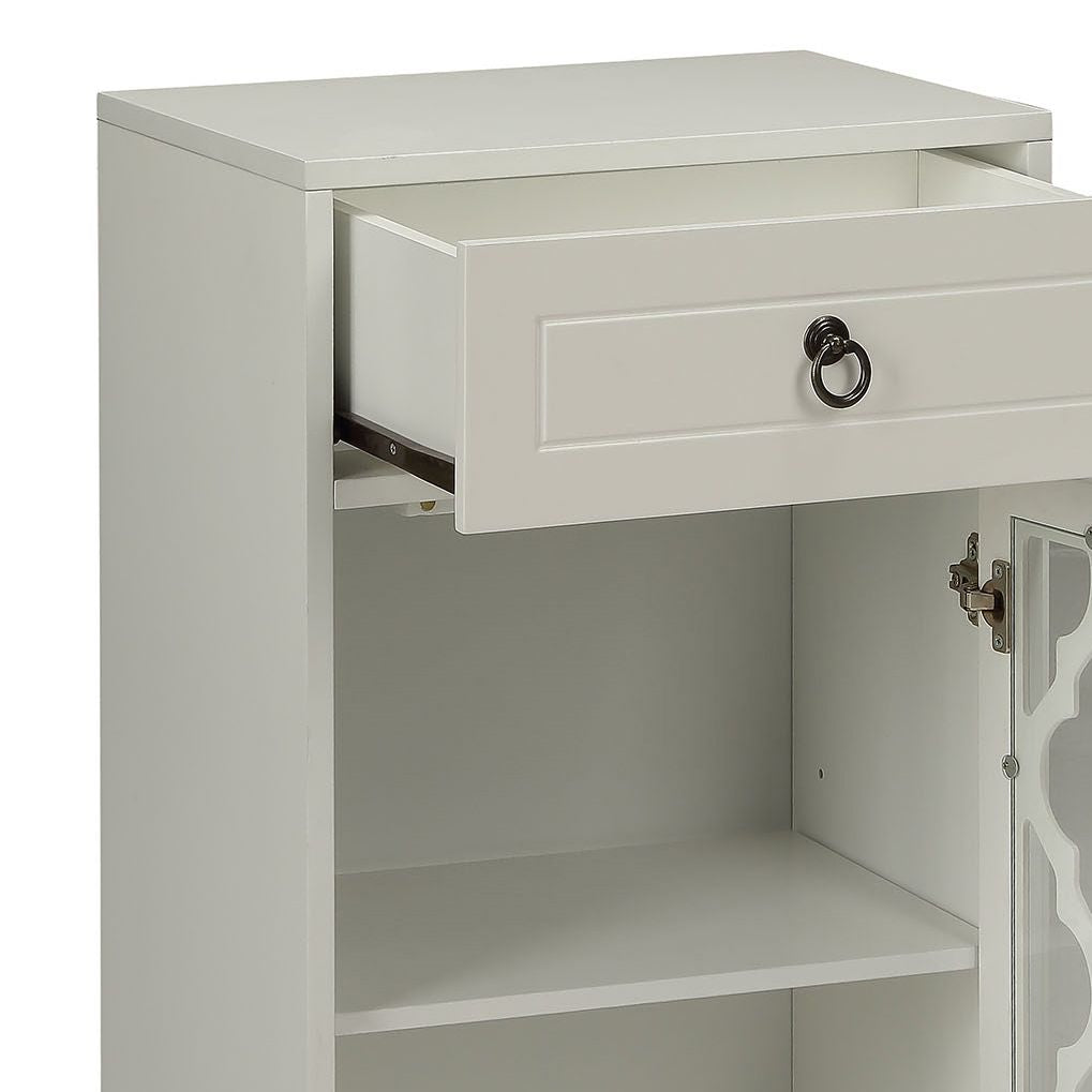 Ceara White Finish Accent Table with Drawer and Glass Door
