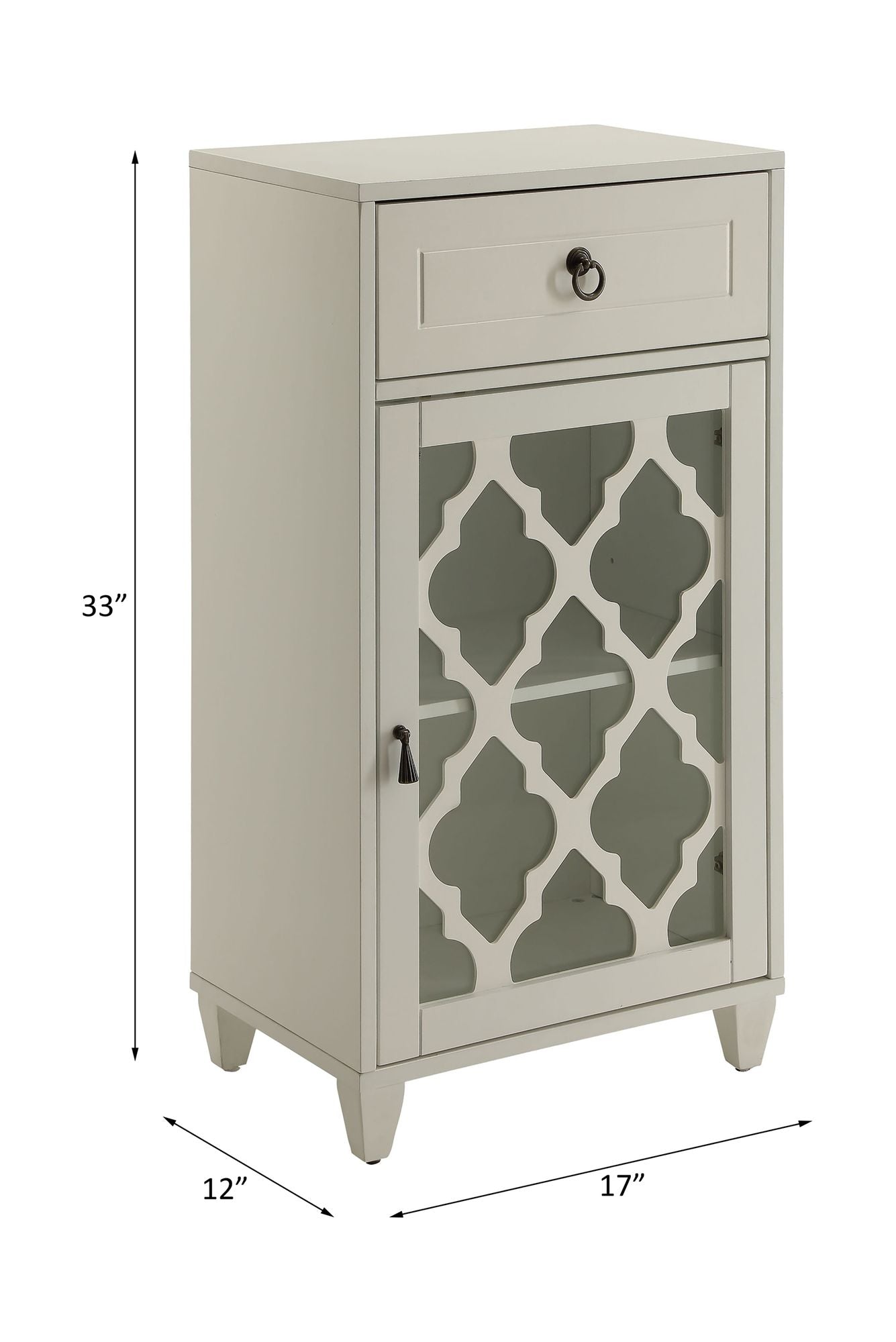 Ceara White Finish Accent Table with Drawer and Glass Door