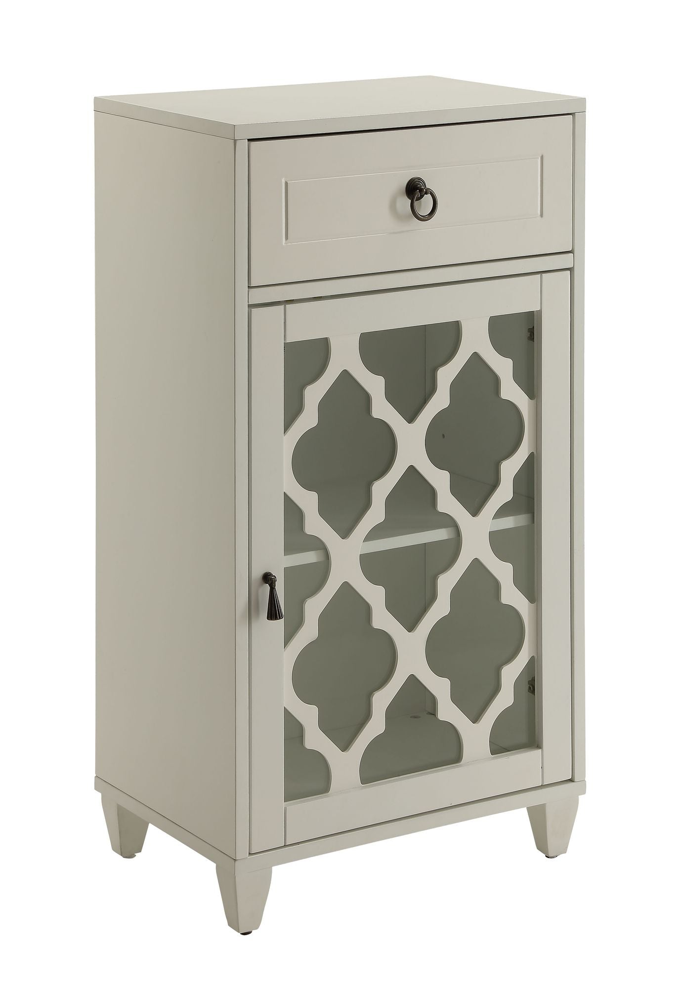 Ceara White Finish Accent Table with Drawer and Glass Door