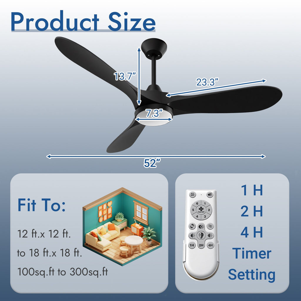 52- Black Ceiling Fan with Light, Remote, and Energy-Efficient DC Motor