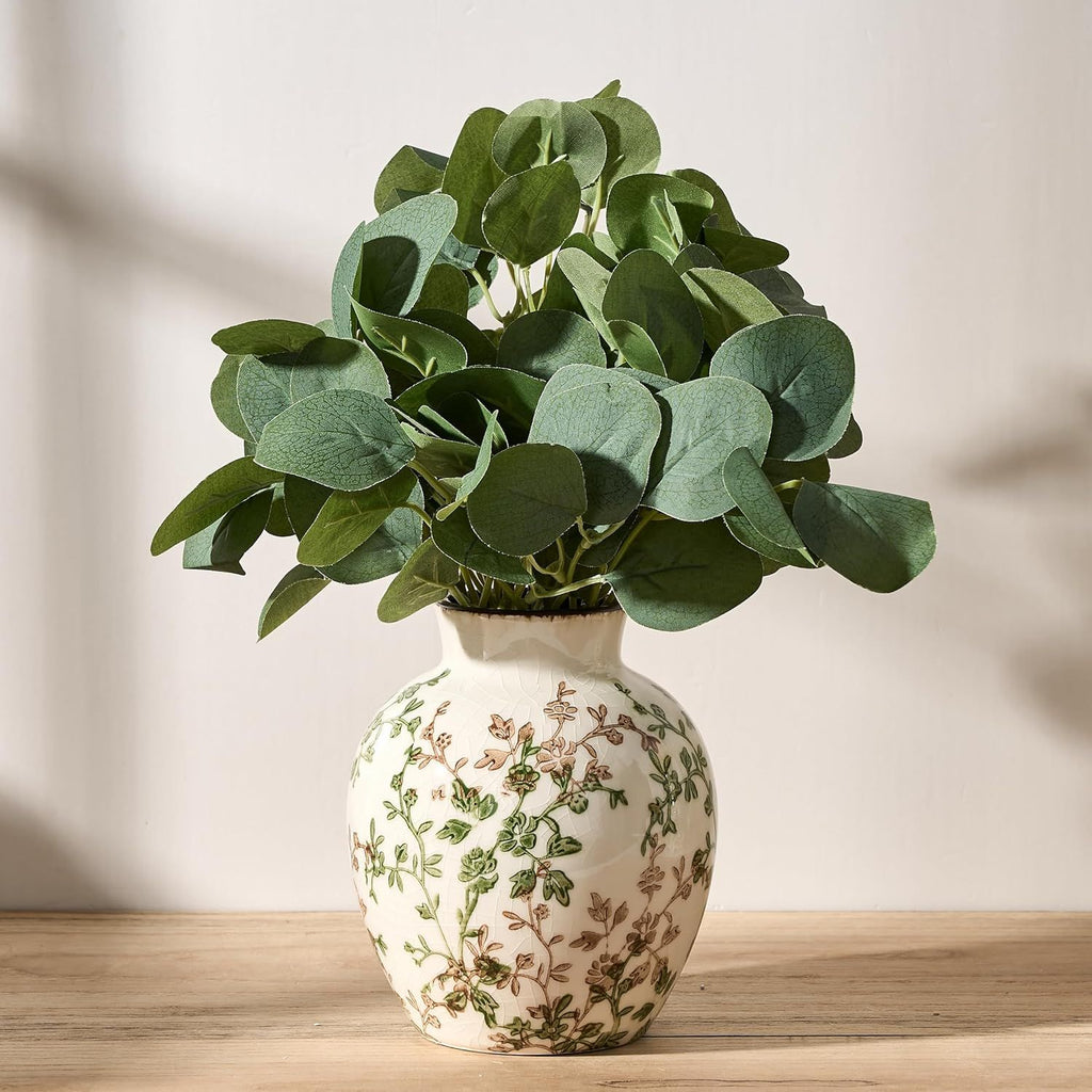 Green and Beige Retro Floral Vase for Bookshelf and Home Display