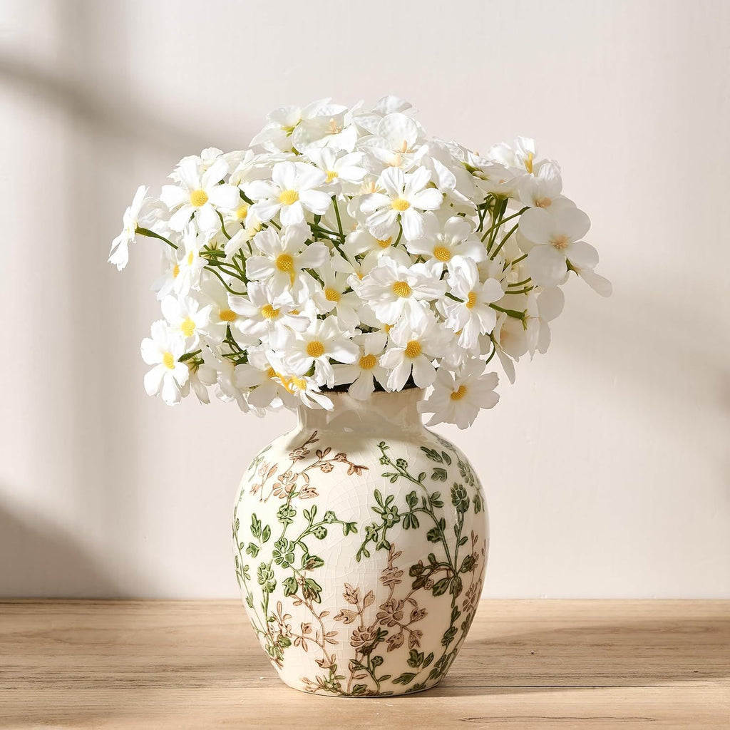 Green and Beige Retro Floral Vase for Bookshelf and Home Display