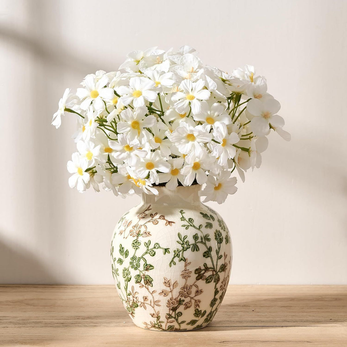 Green and Beige Retro Floral Vase for Bookshelf and Home Display