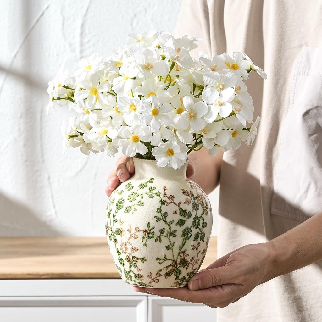 Green and Beige Retro Floral Vase for Bookshelf and Home Display