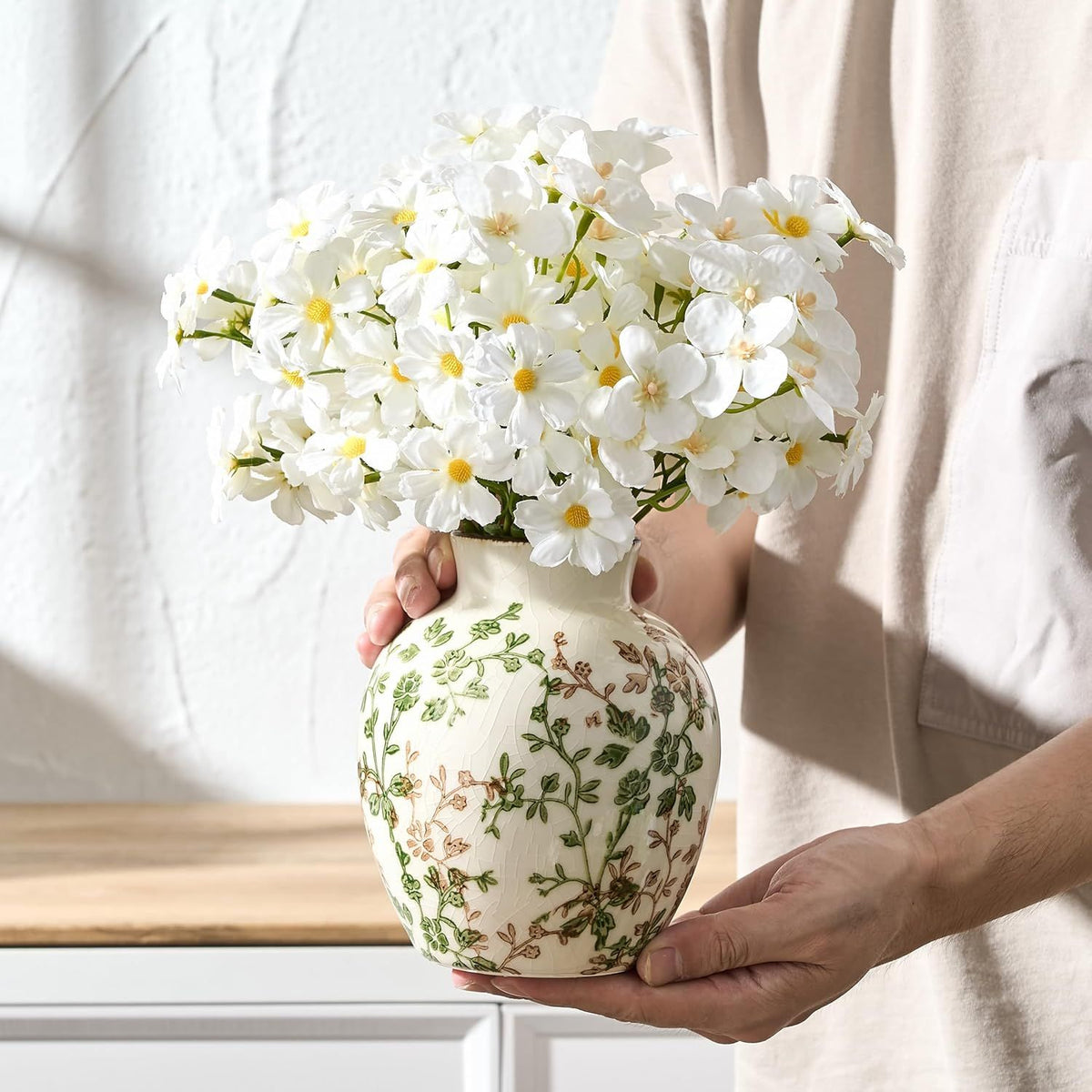 Green and Beige Retro Floral Vase for Bookshelf and Home Display