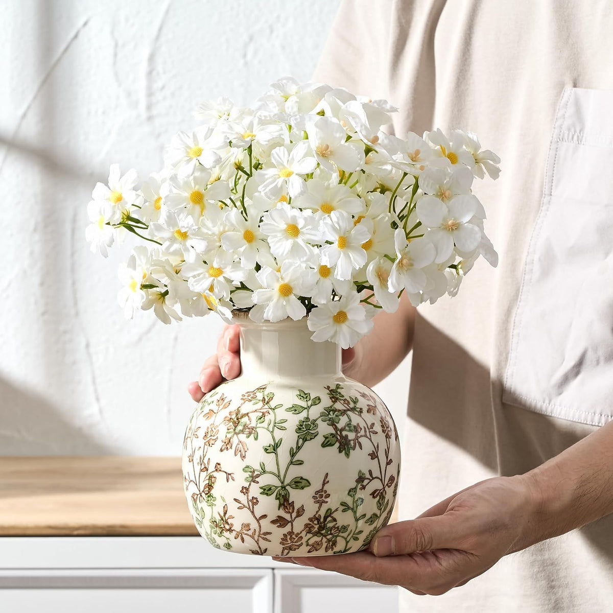 Green and Beige Antique Vase with Ice-Cracked Floral Finish