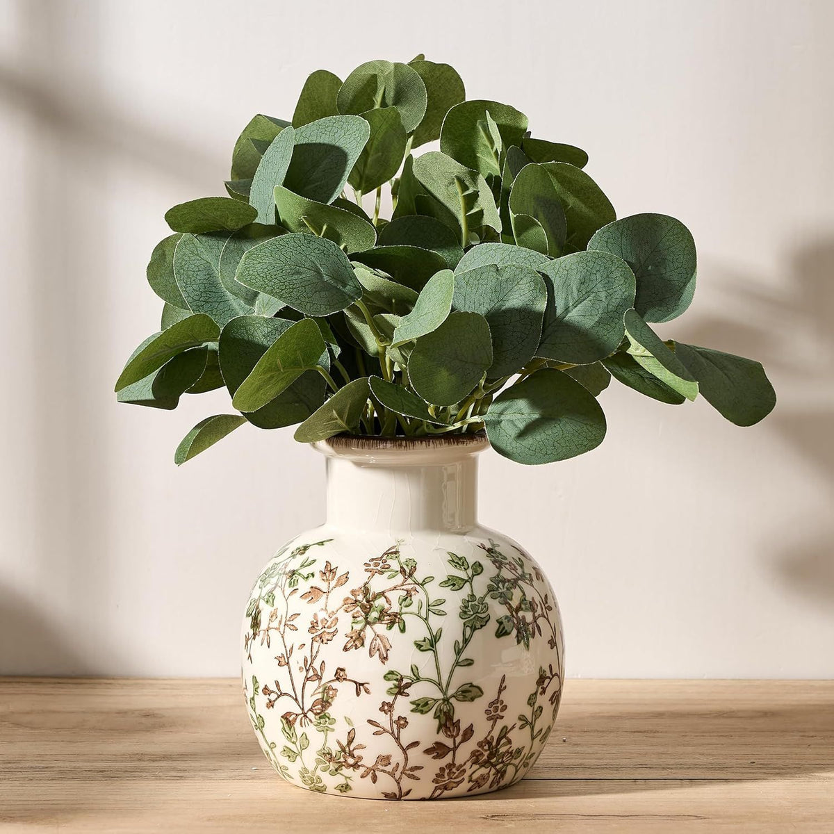 Green and Beige Antique Vase with Ice-Cracked Floral Finish