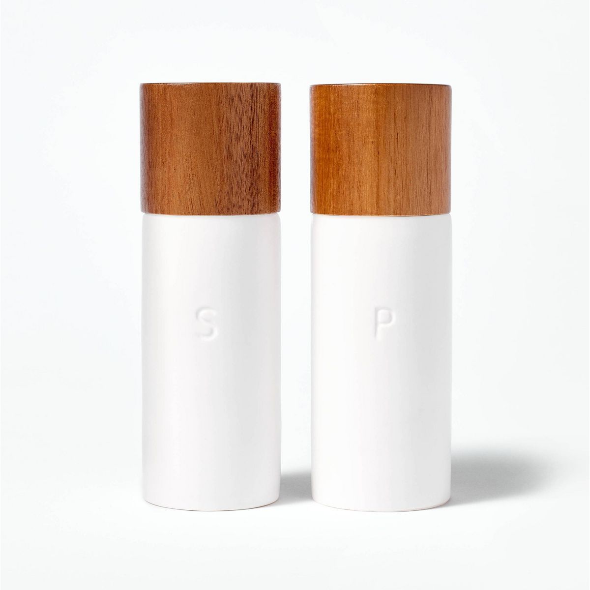 Cream Ceramic Salt and Pepper Grinder Set – Stoneware & Wood Finish