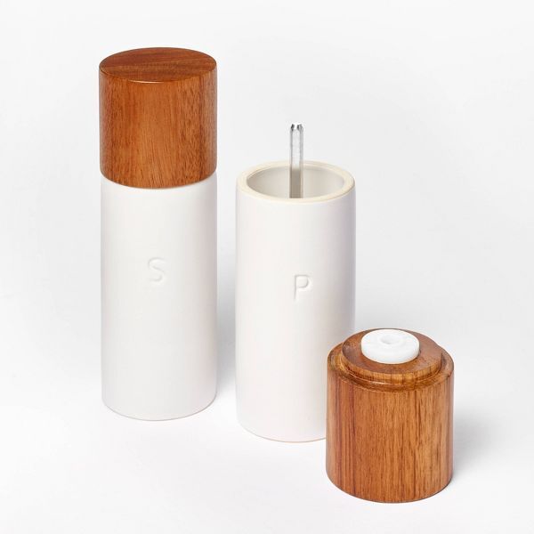 Cream Ceramic Salt and Pepper Grinder Set – Stoneware & Wood Finish