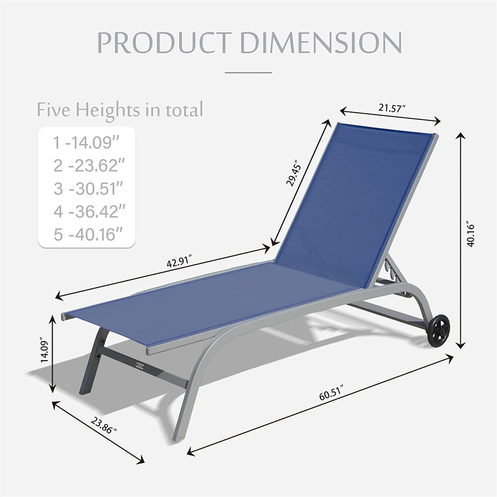 Outdoor Chaise Lounge Set of 2 with Adjustable Backrest and Wheels