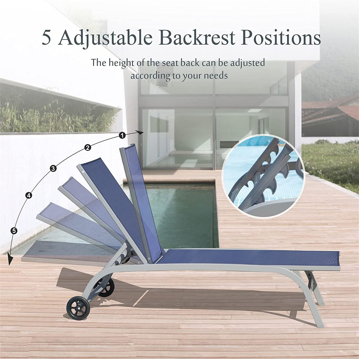 Outdoor Chaise Lounge Set of 2 with Adjustable Backrest and Wheels