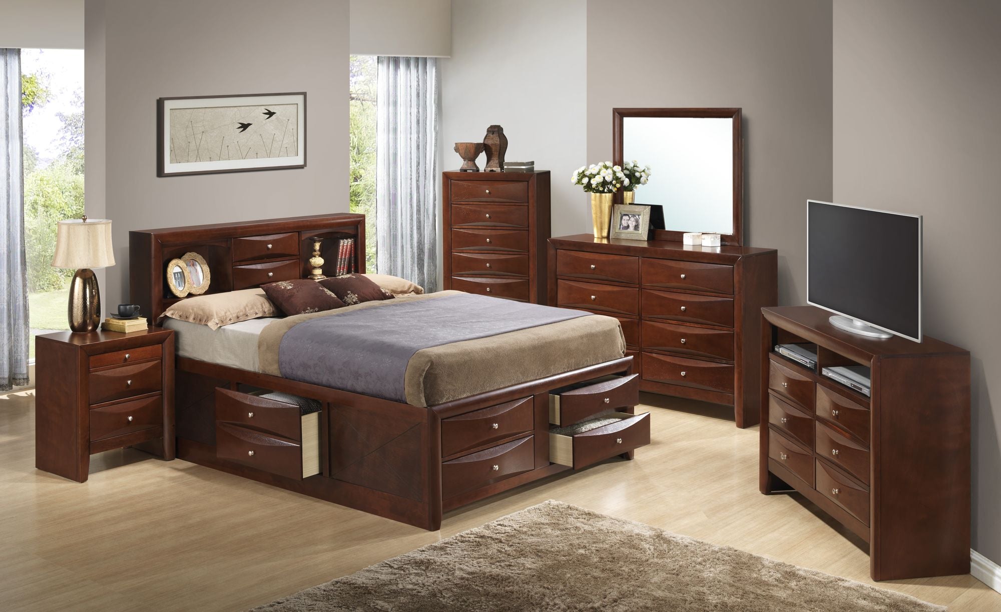 Charming Full Storage Bed in Cherry Finish with Under-Bed Storage