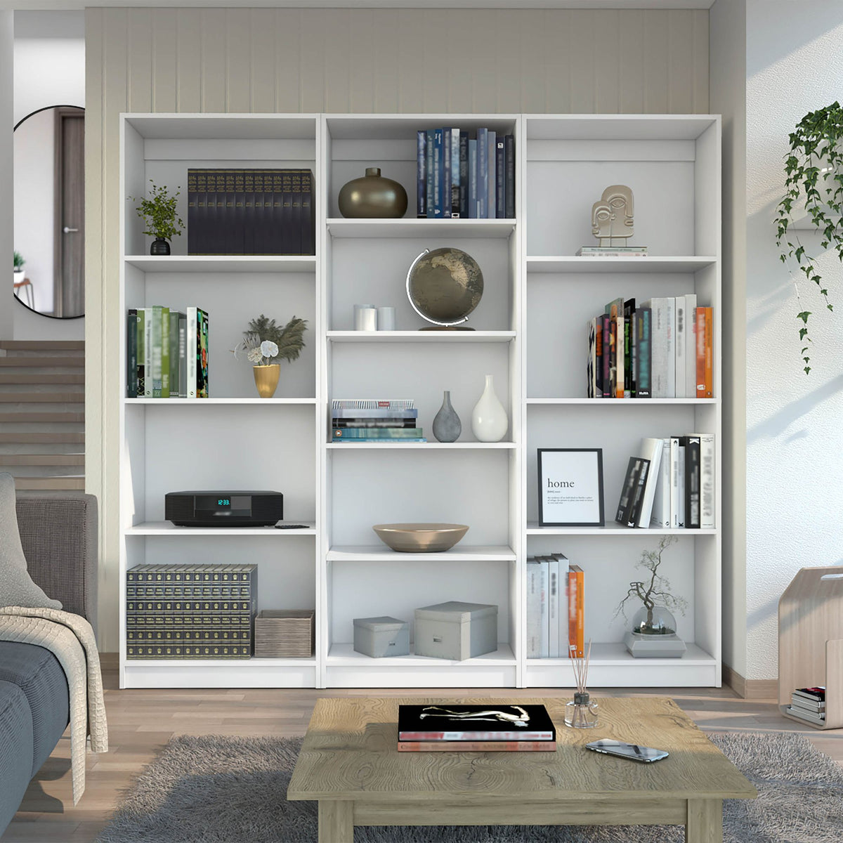 3-Piece Bookcase Set in Contemporary White Finish