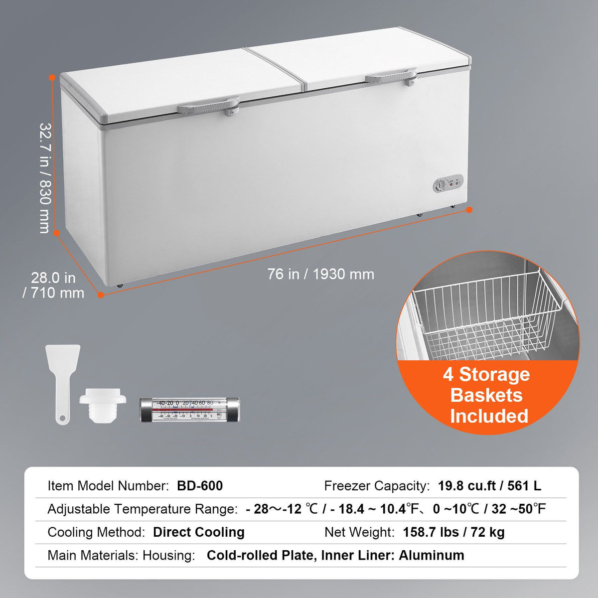 Chest Freezer with Split Locking Lids and LED Light