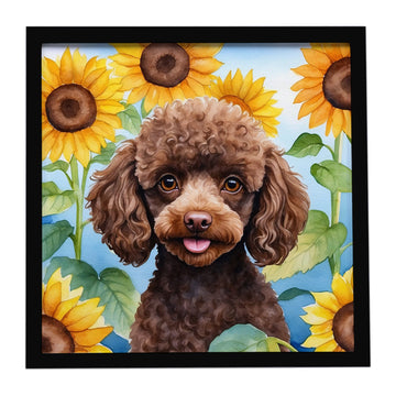 Chocolate Animal in Sunflowers – Framed Metal Print for Walls