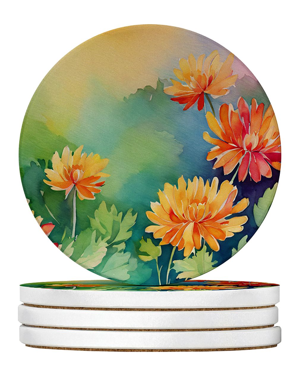 Watercolor Chrysanthemum Coasters with Cork Backing