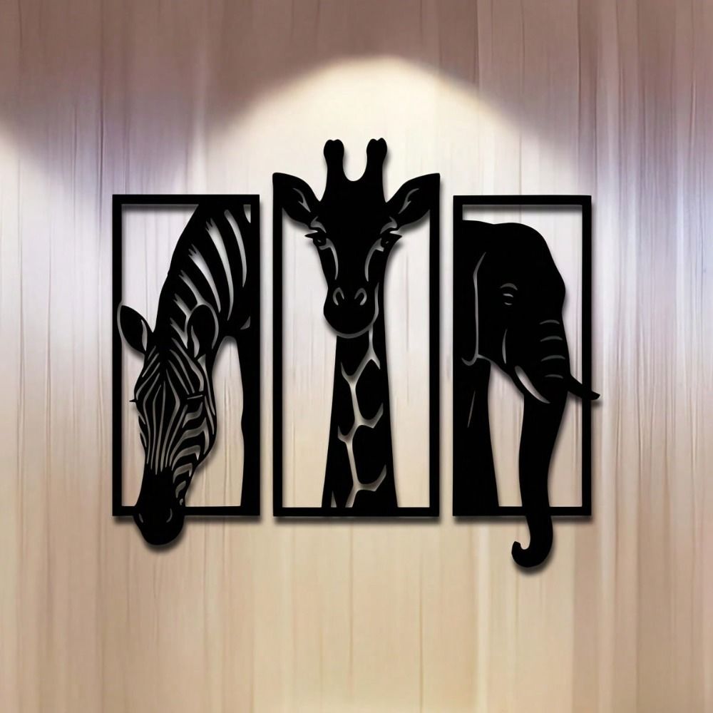 African Animal Metal Wall Art Set – 3-Piece Zebra, Giraffe, Elephant Home Decor