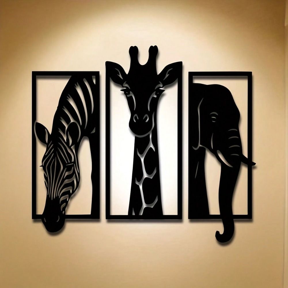 African Animal Metal Wall Art Set – 3-Piece Zebra, Giraffe, Elephant Home Decor