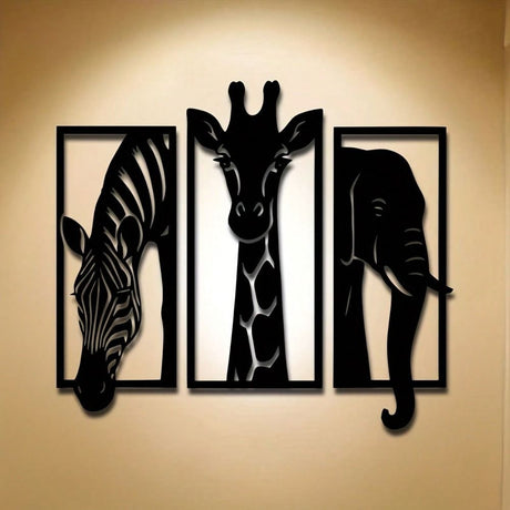 African Animal Metal Wall Art Set – 3-Piece Zebra, Giraffe, Elephant Home Decor