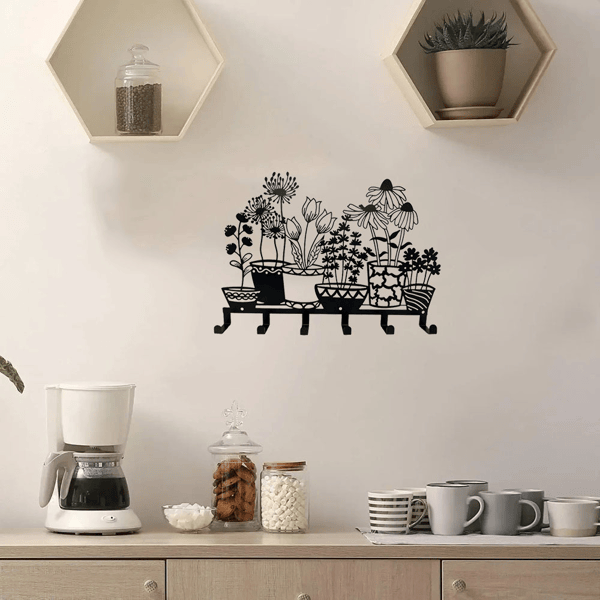 Minimalist Black Wall Key Holder with Shelf and Vase