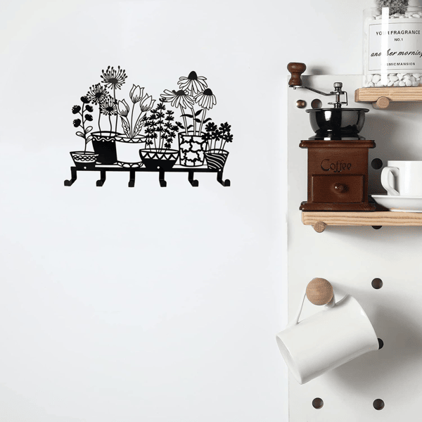 Minimalist Black Wall Key Holder with Shelf and Vase