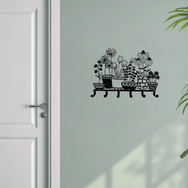 Minimalist Black Wall Key Holder with Shelf and Vase