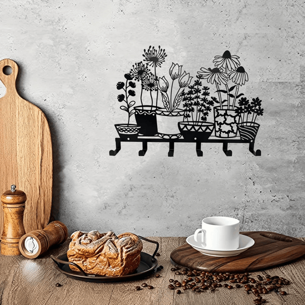Minimalist Black Wall Key Holder with Shelf and Vase